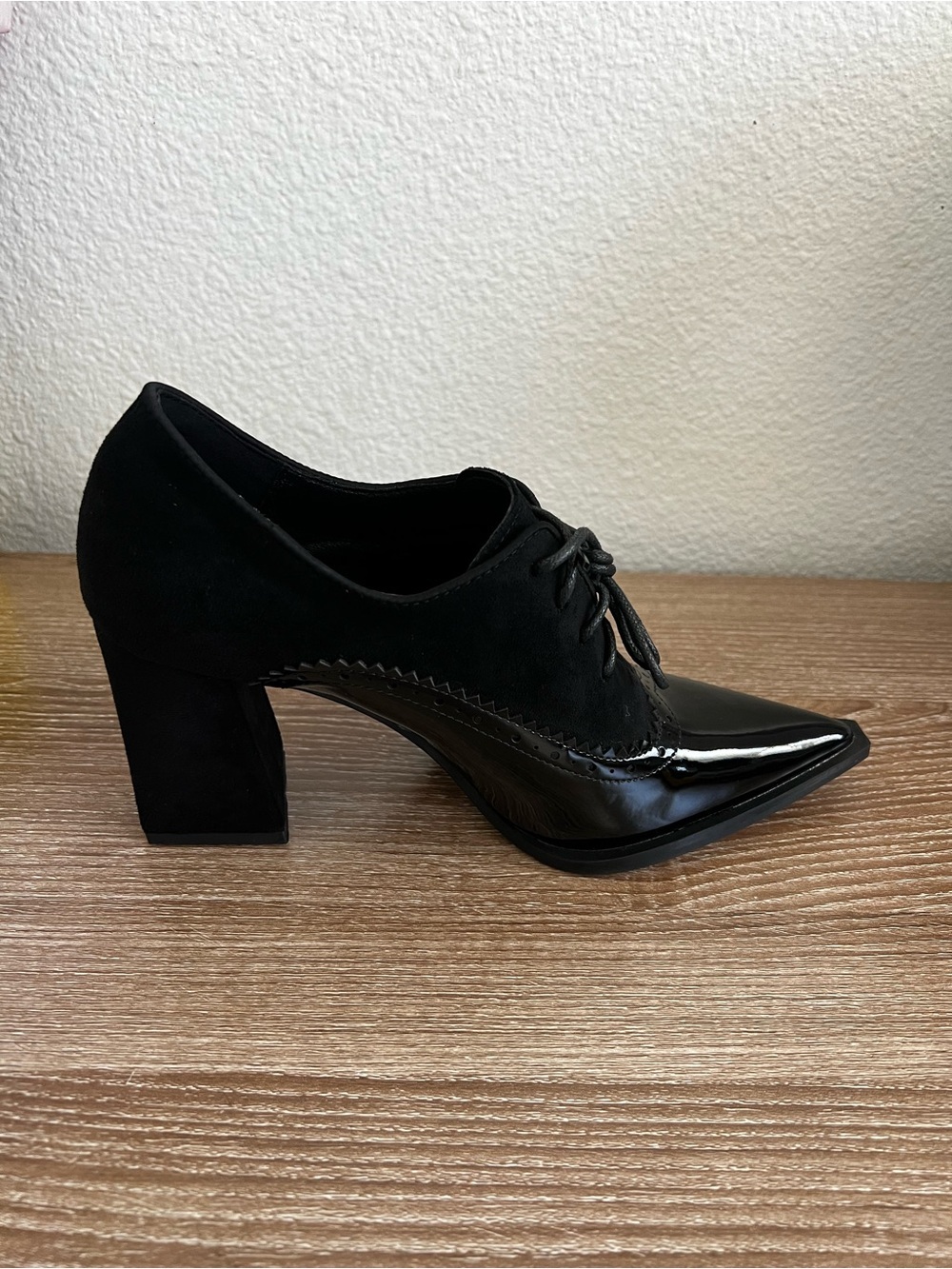 Black Lace-Up Pointed Block Heel Pumps - Picture 3 of 9